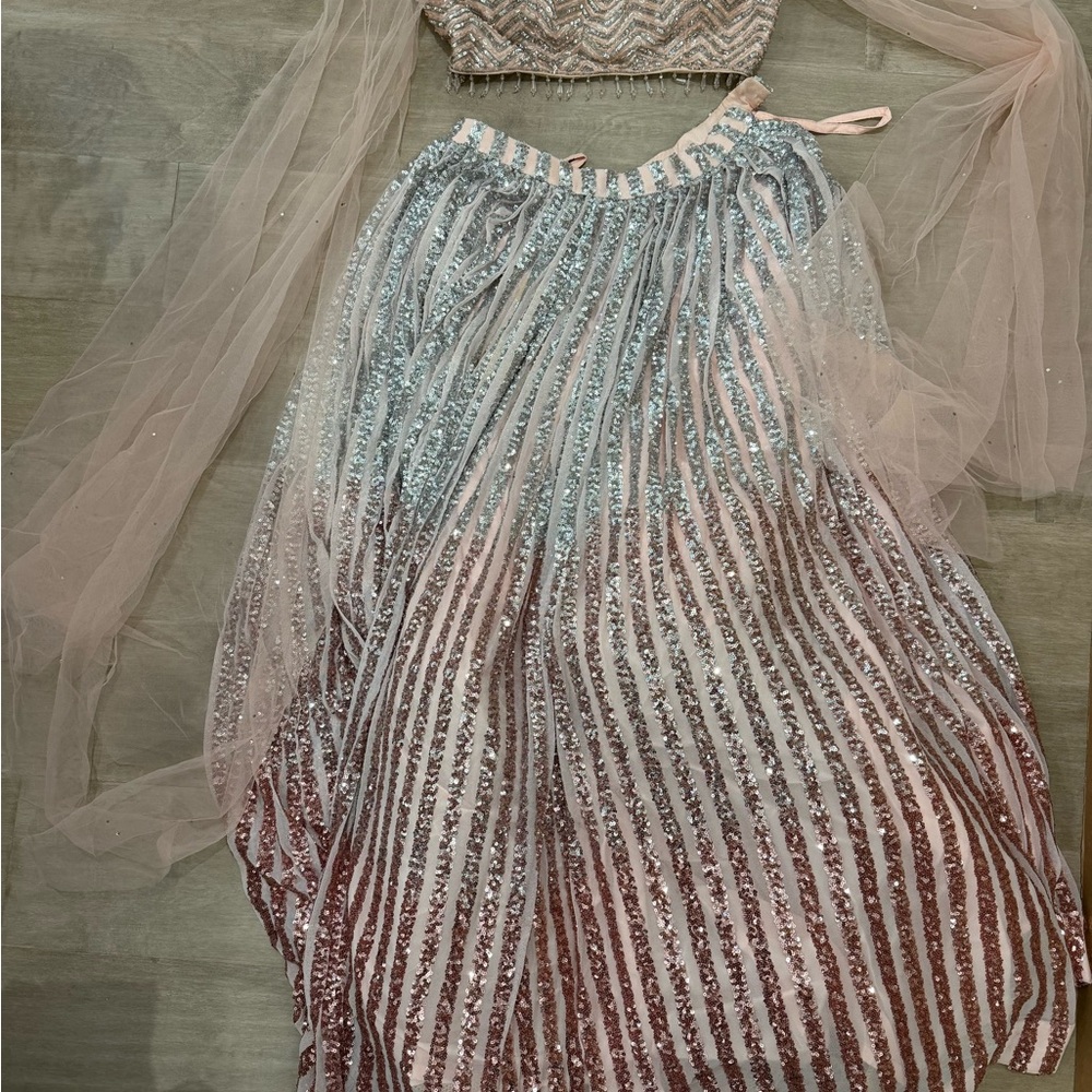Sequined Ombre Skirt and Top Set in Light Blue and Blush
